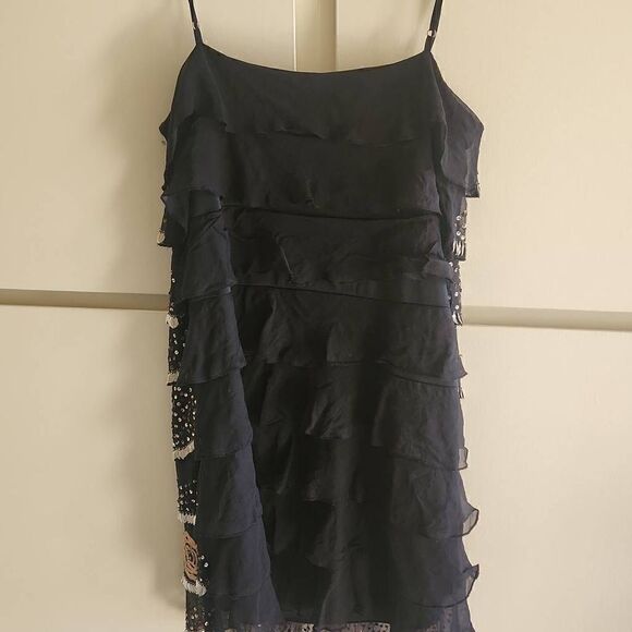 Marciano by Guess Black Silk Tiered, Ruffled, Beaded Mini Dress/Top. EUC, M - Picture 5 of 8